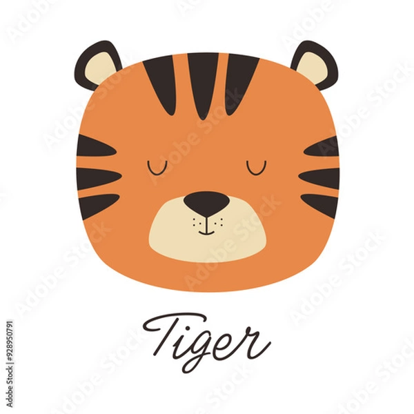 Fototapeta Cute tiger vector illustration. Head of tiger is drawn in cartoon style.