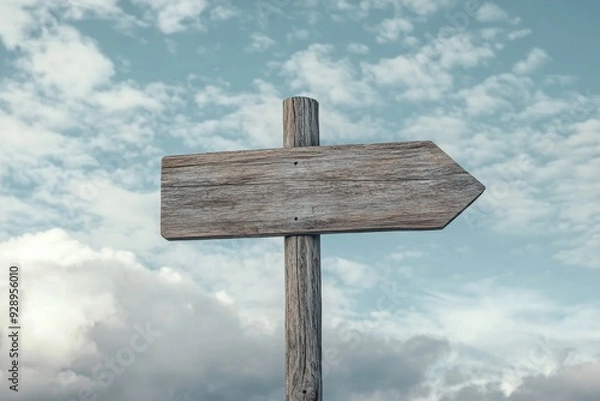 Fototapeta Wooden Direction Sign Under Cloudy Skies: A Symbol of Decisions and Choices in Life's Journey. Embracing the Path of Growth and Discovery.