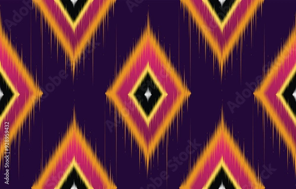 Fototapeta Trendy boho pattern boho featuring vibrant zigzag and diamond shapes. Colorful bohemian boho design on deep purple background. Ethnic textile print for fashion, home decor. wallpaper. Aztec-style.