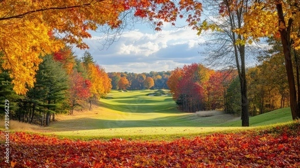 Fototapeta A scenic view of a golf course surrounded by autumn trees with colorful leaves, capturing the beauty of fall.