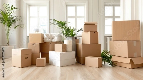 Fototapeta   A neat stack of cardboard boxes rests on a wooden floor beside a green potted plant and an open window