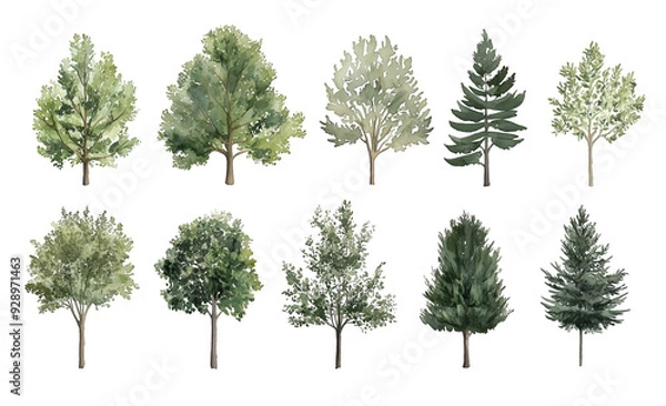 Fototapeta Watercolor Tree Illustrations Featuring a Variety of Green Foliage and Evergreen Trees