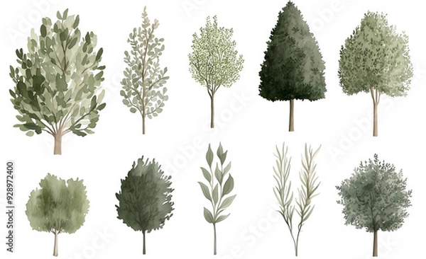 Fototapeta Watercolor Tree Illustrations Featuring a Variety of Green Foliage and Evergreen Trees