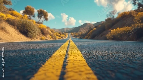 Fototapeta It sounds like a serene scene. A straight road flanked by green grass and trees under a clear sky