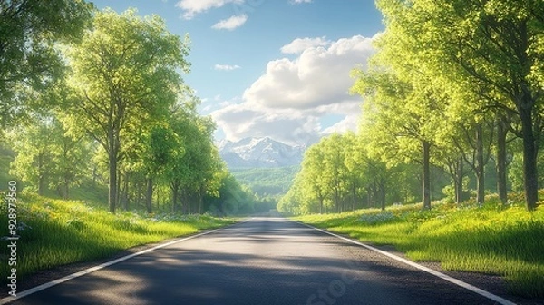 Fototapeta It sounds like a serene scene. A straight road flanked by green grass and trees under a clear sky
