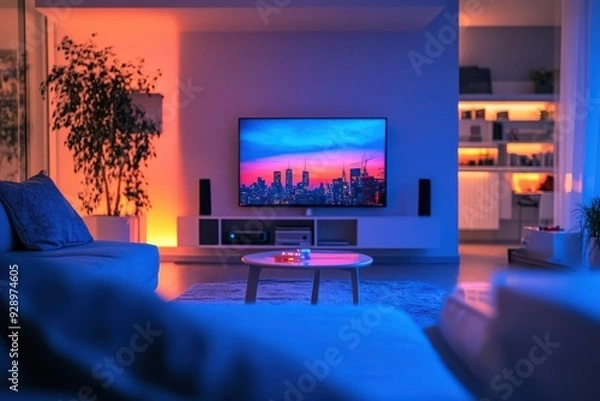 Fototapeta A living room with a television on a wall and a couch in the foreground. The television is showing a cityscape