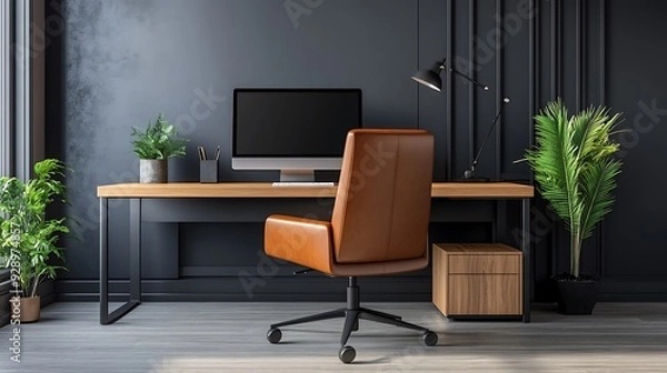 Obraz Modern Home Office with Desk, Computer, and Leather Chair