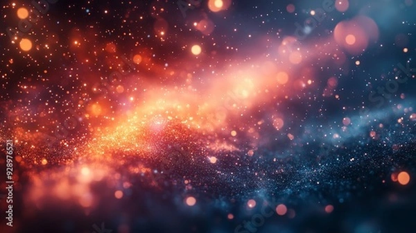 Fototapeta Abstract background with glowing particles and bokeh lights in orange, blue and red hues.
