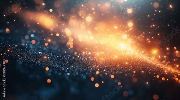 Fototapeta Abstract background with glowing particles and bokeh lights in orange, blue and red hues.