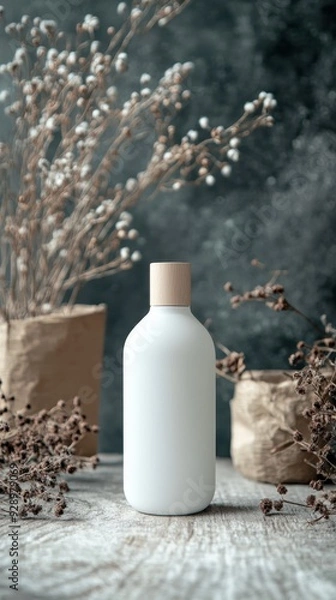 Obraz Elegant white bottle mockup with wooden cap on rustic wooden surface and blurred natural background, ideal for luxury cosmetic and beauty product branding