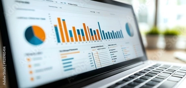 Fototapeta a laptop screen displays a graph and chart, offering a visual overview of data and business metrics, essential for accurate measurement and comprehensive reports. At the office