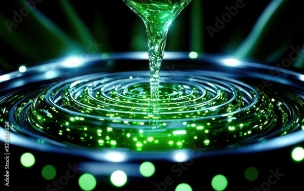 Fototapeta A mesmerizing close-up of green liquid creating ripples, showcasing waves and light reflections in a vibrant atmosphere.