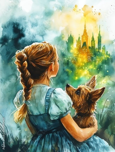 Fototapeta A girl gazes longingly at a colorful city skyline, cradling her dog, embodying friendship and wonder in a magical setting.