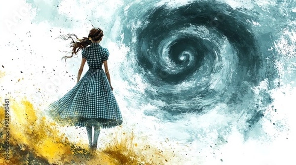 Fototapeta A figure in a blue dress stands before a swirling vortex, capturing a moment of wonder and intrigue in a mysterious landscape.