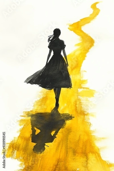 Fototapeta A silhouette of a woman walking along a vibrant yellow path, evoking feelings of freedom, journey, and artistic expression.
