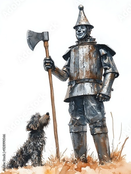 Fototapeta A whimsical illustration of a tin man with a dog, capturing a sense of adventure and companionship in a fantastical setting.