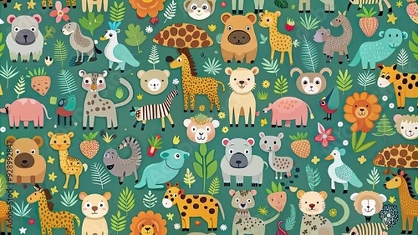 Fototapeta Seamless pattern featuring various animals in a repetitive design, wildlife, cute, background, texture, repeat, jungle, safari, zoo