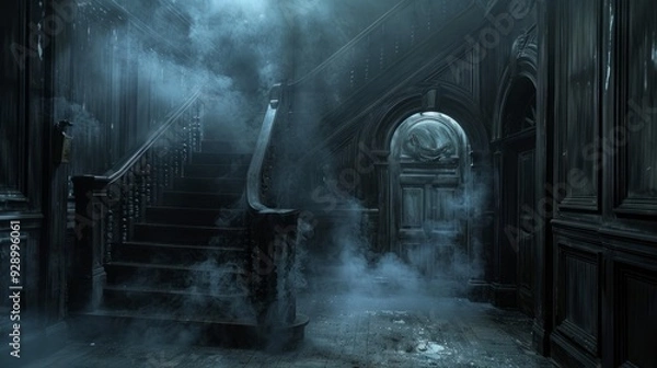 Fototapeta Spooky interior hallway with a staircase and fog in an abandoned old mansion