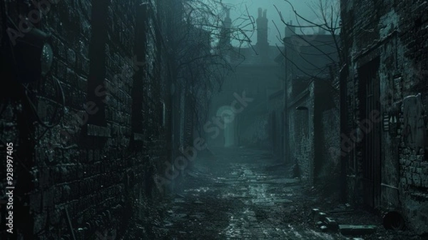Fototapeta Misty alley with cobblestones in a deserted urban area at dusk