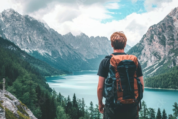 Fototapeta Man with backpack overlooking mountain lake panorama view