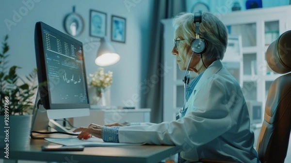 Fototapeta An elderly woman in a headset works at a computer, blending modern technology with wisdom and experience in a well-lit, professional setting.