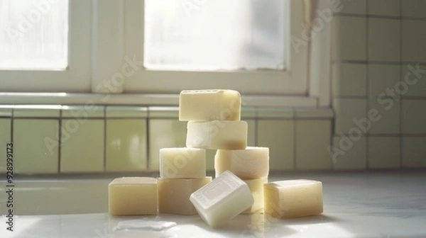 Fototapeta A stack of handmade soap bars in a sunny kitchen, casting soft shadows, evoking a sense of freshness, simplicity, and natural living.