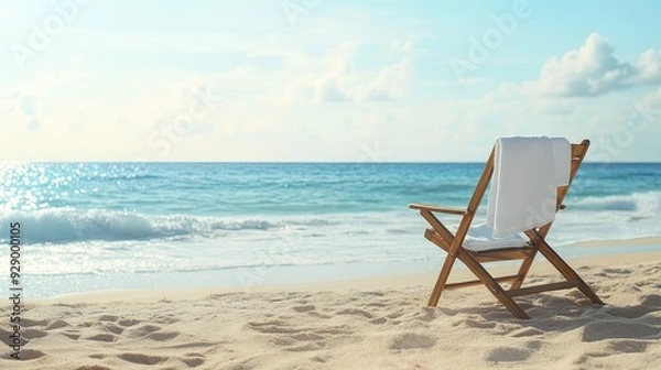 Fototapeta A classic beach setup, featuring a wooden chair with a towel, placed on the sand, with the sea in the background.
