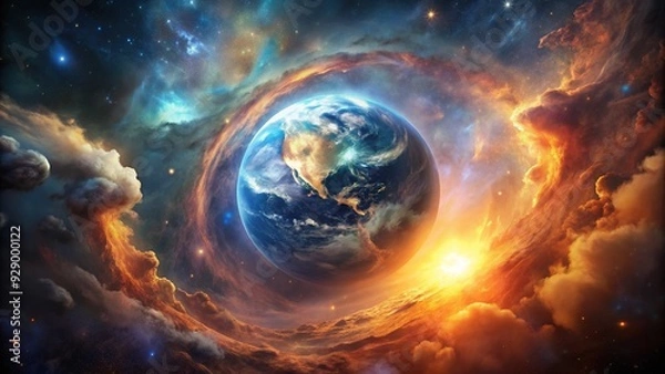 Fototapeta Majestic planet Earth suspended in majestic celestial darkness, surrounded by vibrant swirling clouds of gas and dust, capturing the essence of cosmic creation.