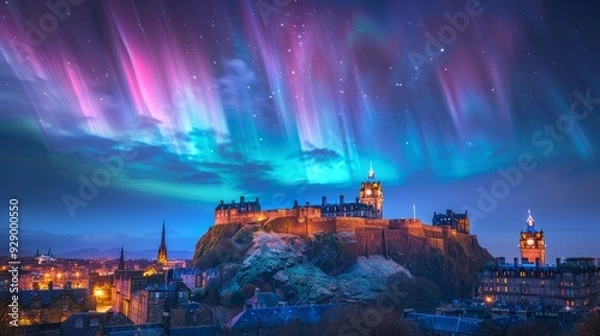 Fototapeta Aurora borealis illuminates Edinburgh Castle at night with vibrant colors over the city