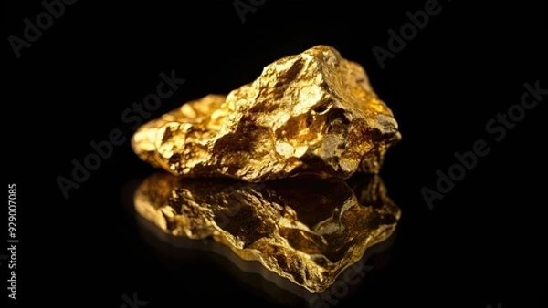 Fototapeta Shiny gold nugget with reflections on a black background, gold, precious metal, valuable, luxury, wealth, shiny