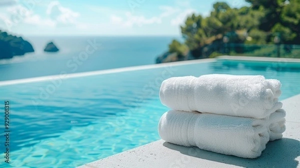 Fototapeta White towels stacked beside a tranquil pool overlooking a scenic ocean view