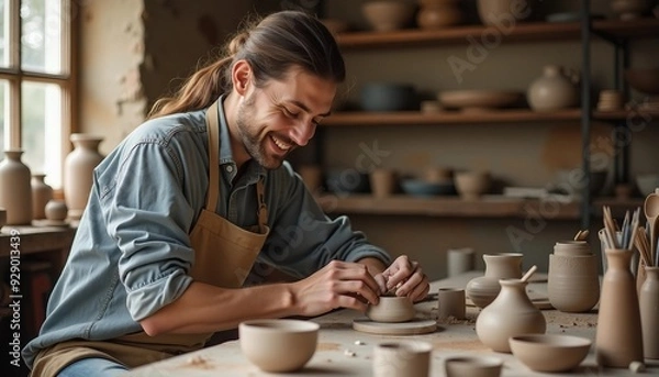Fototapeta A passionate potter beams with pride beside a beautiful pottery piece in his studio, with earthy tones highlighting his joyful expression.