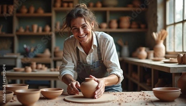 Fototapeta A passionate potter beams with pride beside a beautiful pottery piece in his studio, with earthy tones highlighting his joyful expression.