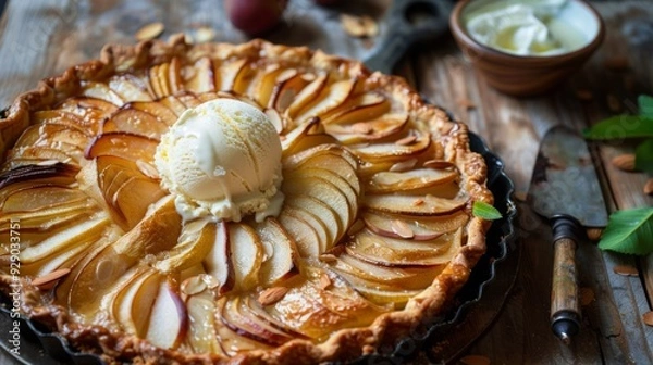 Fototapeta A freshly baked apple tart topped with a scoop of ice cream and garnished with almonds sits on a rustic wooden table, ready to be enjoyed.
