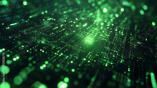 Fototapeta Technology abstract background, matrix style, green color, Data lanes. Digital data flow dust on screen. Programming concept, secure data, hacking, piracy, technology, internet.