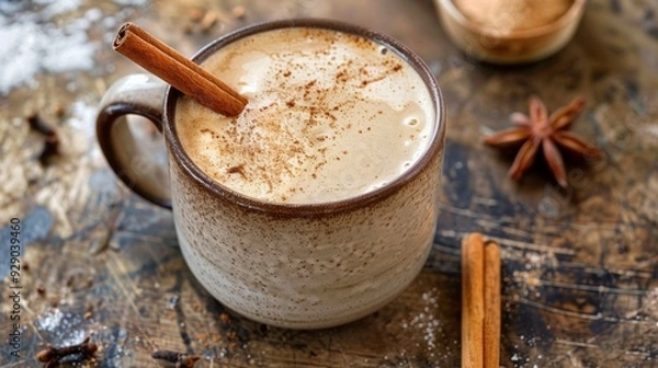 Fototapeta A warm cup of creamy spiced chai sits on a rustic wooden table, garnished with a cinnamon stick and sprinkled with spices.