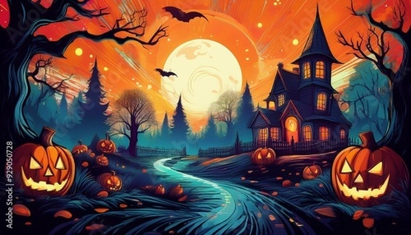 Fototapeta Halloween night scene in bold comic book style, with haunted houses, spooky trees, and glowing jack-o'-lanterns fear atmosphere
