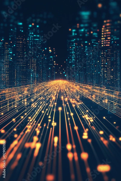 Fototapeta A cityscape with a long, bright orange line that runs through it