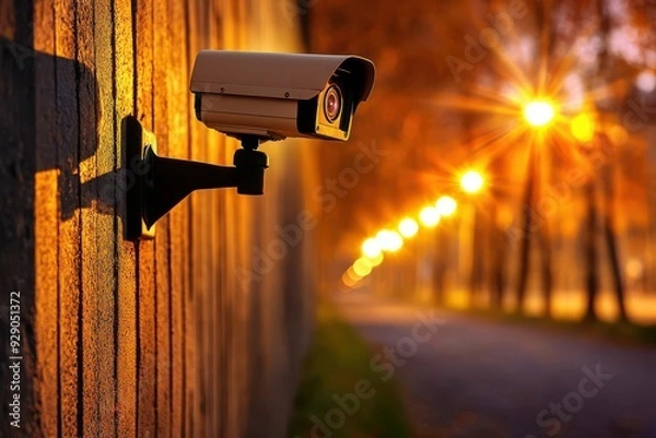 Obraz Outdoor CCTV camera with night vision capturing a secluded path with flickering lights, urban monitoring, night patrol