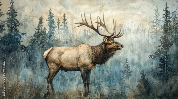 Fototapeta Watercolor elk with massive antlers, in a misty, pine forest.