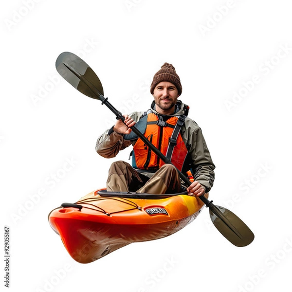 Obraz Full length portrait of a man kayaking Isolated on transparent background.