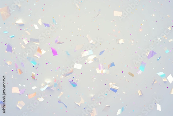 Fototapeta Flying glitter festive silver confetti in flight on light background.