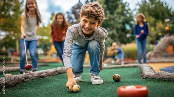 Fototapeta A group of children cheerfully plays miniature golf in a park, focusing on their shots and enjoying the sunny afternoon