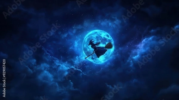 Obraz Witch flying on a broom through a video game landscape, night sky, 3D illustration