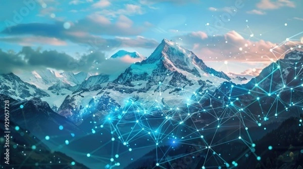 Fototapeta Snowy Mountains with a Digital Network