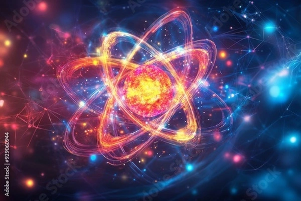 Fototapeta Science theme illustration of atomic model and particle physics concepts.