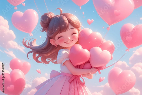Fototapeta Happy girl with heart-shaped balloons on blue sky background, holiday card. A cheerful scene filled with tenderness, happiness, and romance.