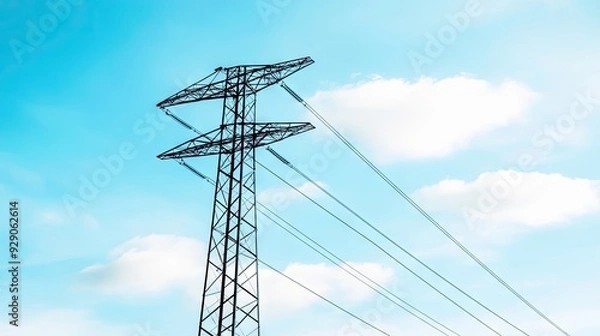 Fototapeta A symphony of power lines reaching skyward against a backdrop of clouds at sunset
