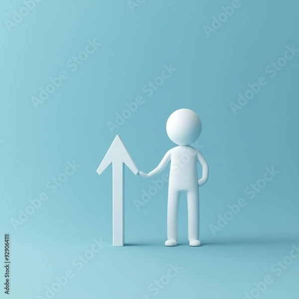 Fototapeta 3D rendered figure triumphantly standing by an ascending growth arrow, symbolizing success, progress, and achievement in business or personal growth.
