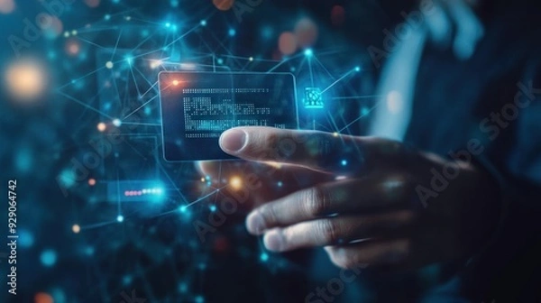 Fototapeta Hand Holding a Digital Chip with a Network of Blue Lines